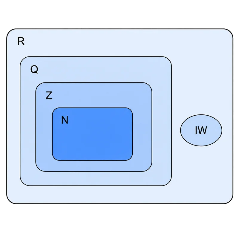 Diagram zagnieżdżonych zbiorów liczbowych N w Z w Q w R, oraz IW wewnątrz R obok Q